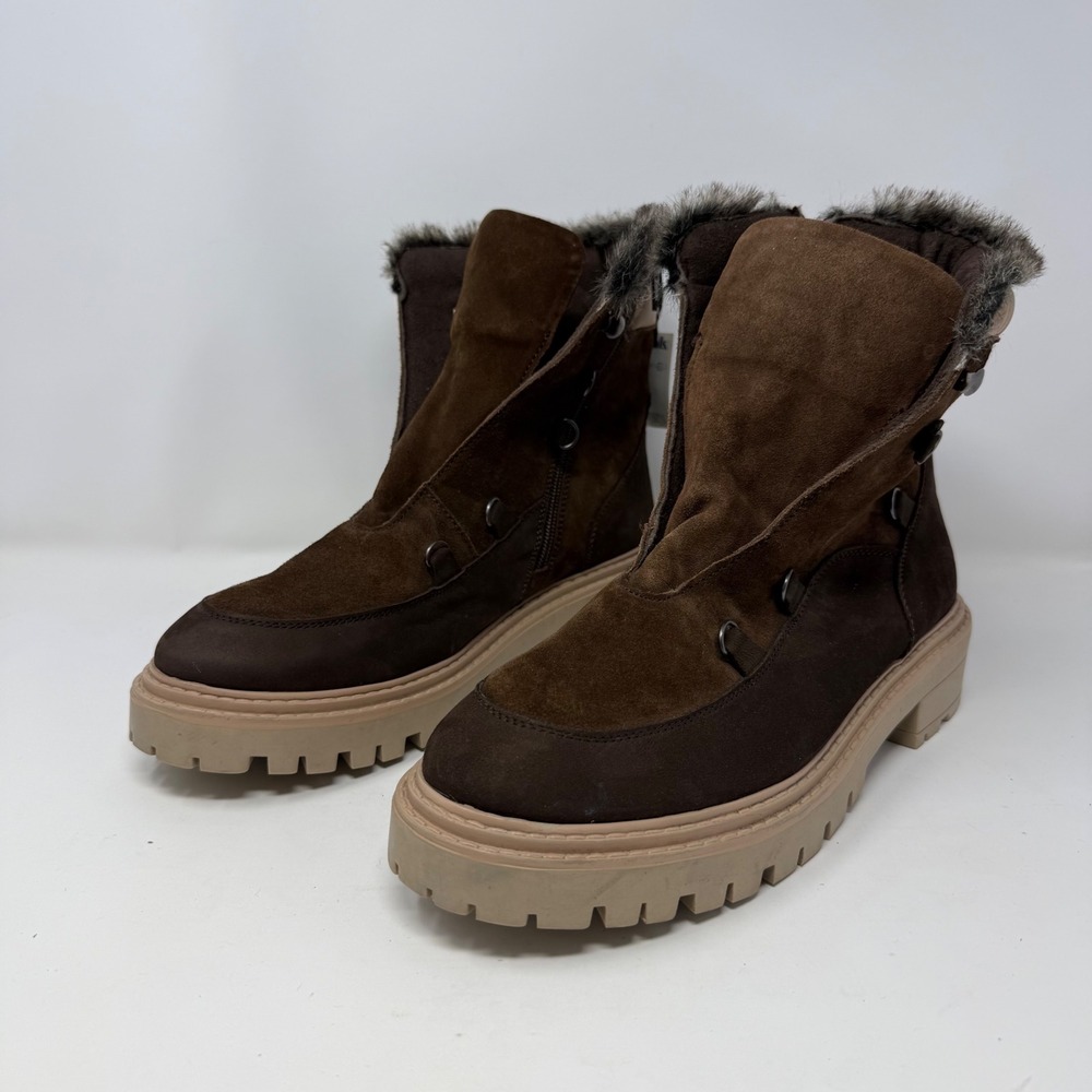 Enjoiya Brown Suede Faux Fur Trim Lug Sole Combat Boots Womens 10 New no laces‎